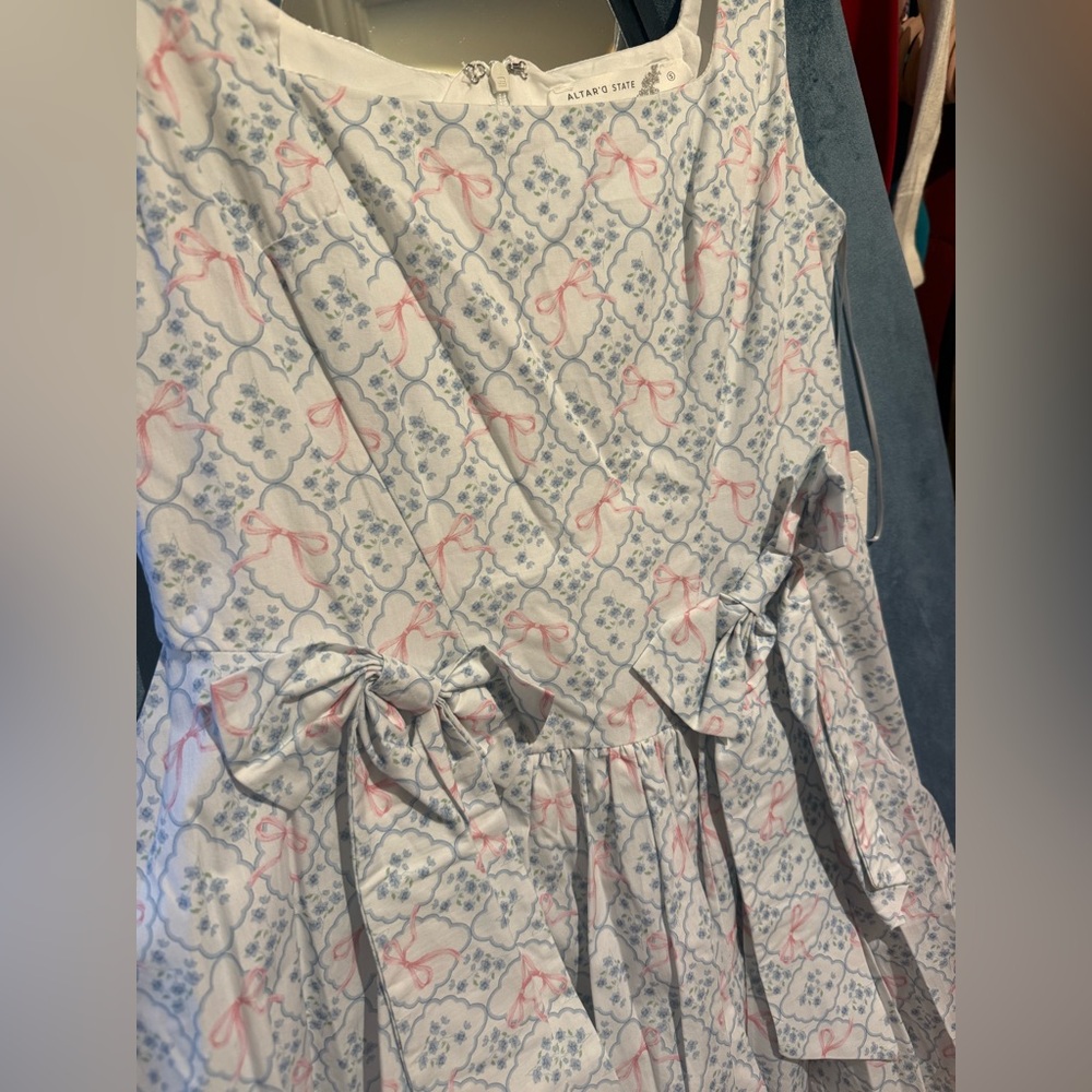 Altar'd State White Dress with Pink Bows and Blue Floral Print - Picture 2 of 7